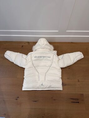 Jordan x Supreme White Puffer Jacket with Fur-Trim Hood